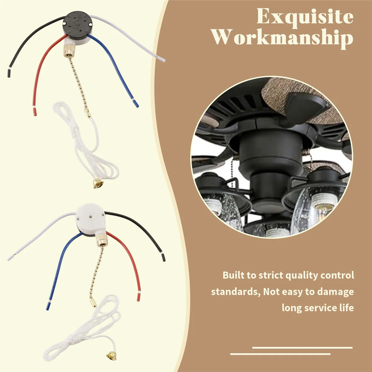 AAA87 Ceiling Fan Switch Kit 3 Speed 4 Wire, Fan Switch Zipper Speed Control Switch, ZE-208S Pull Wire with Rope Gold