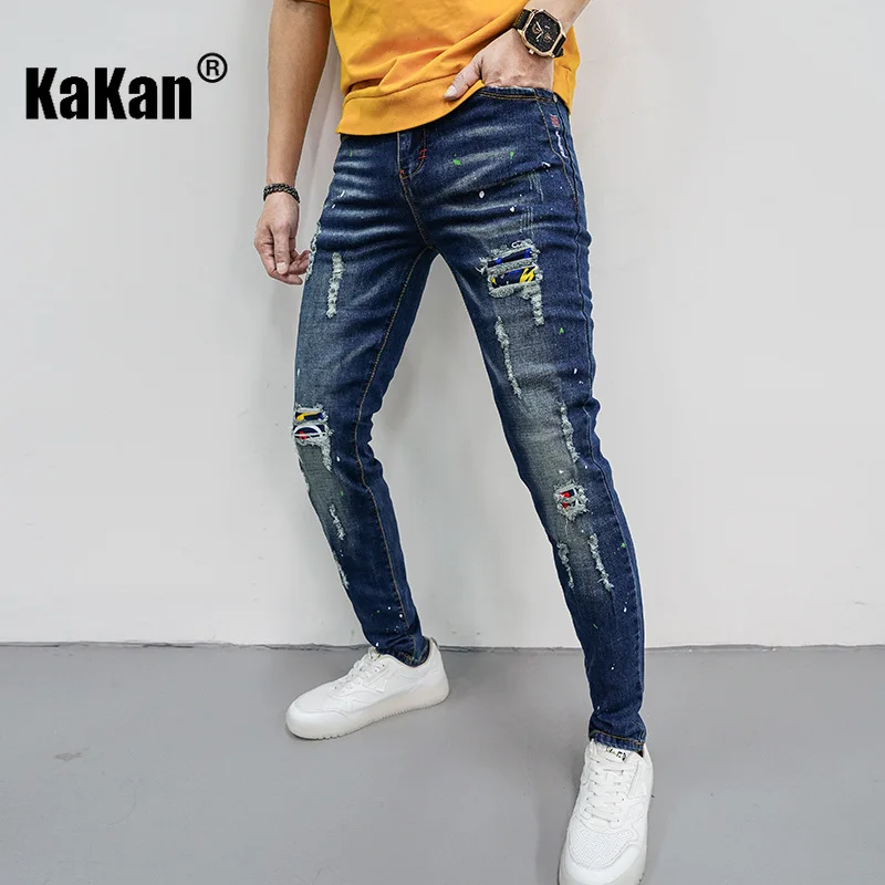 Kakan Europe and America's New Patch Denim Men's Clothing, Hole Hole Beggar Slim Fit Small Foot Patch Long Denim K7-686