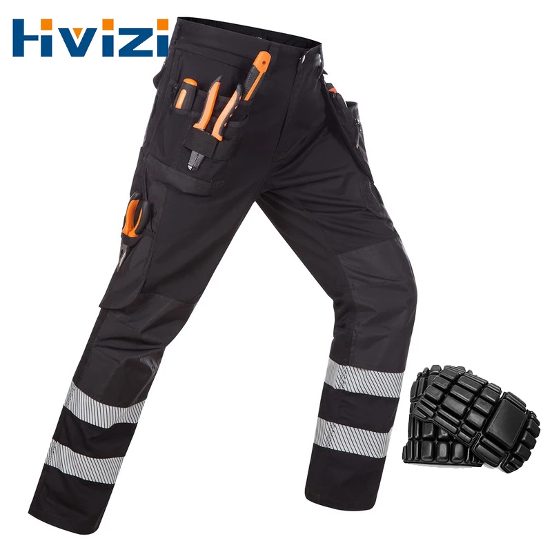 Black Heavy Duty Work Pants Knee Pads With Many Zip Pockets Hi Vis