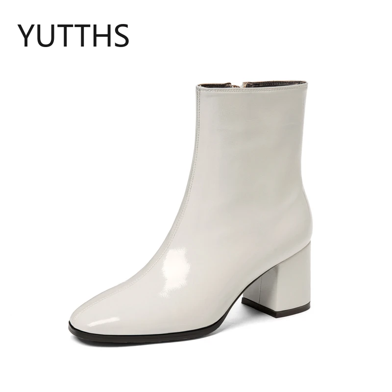 

Women's Boots 2022 New Square Toe Patent Leather ZIP Ankle Boots Winter Warm Comfortable Botas De Mujer High Heels Shoes Women