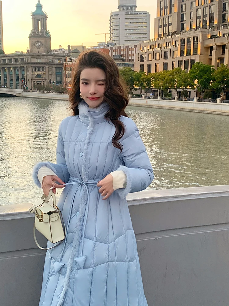 New Chinese Style White Goose down down Jacket Female Retro Waist-Controlled Long below the Knee Winter Clothing Coat