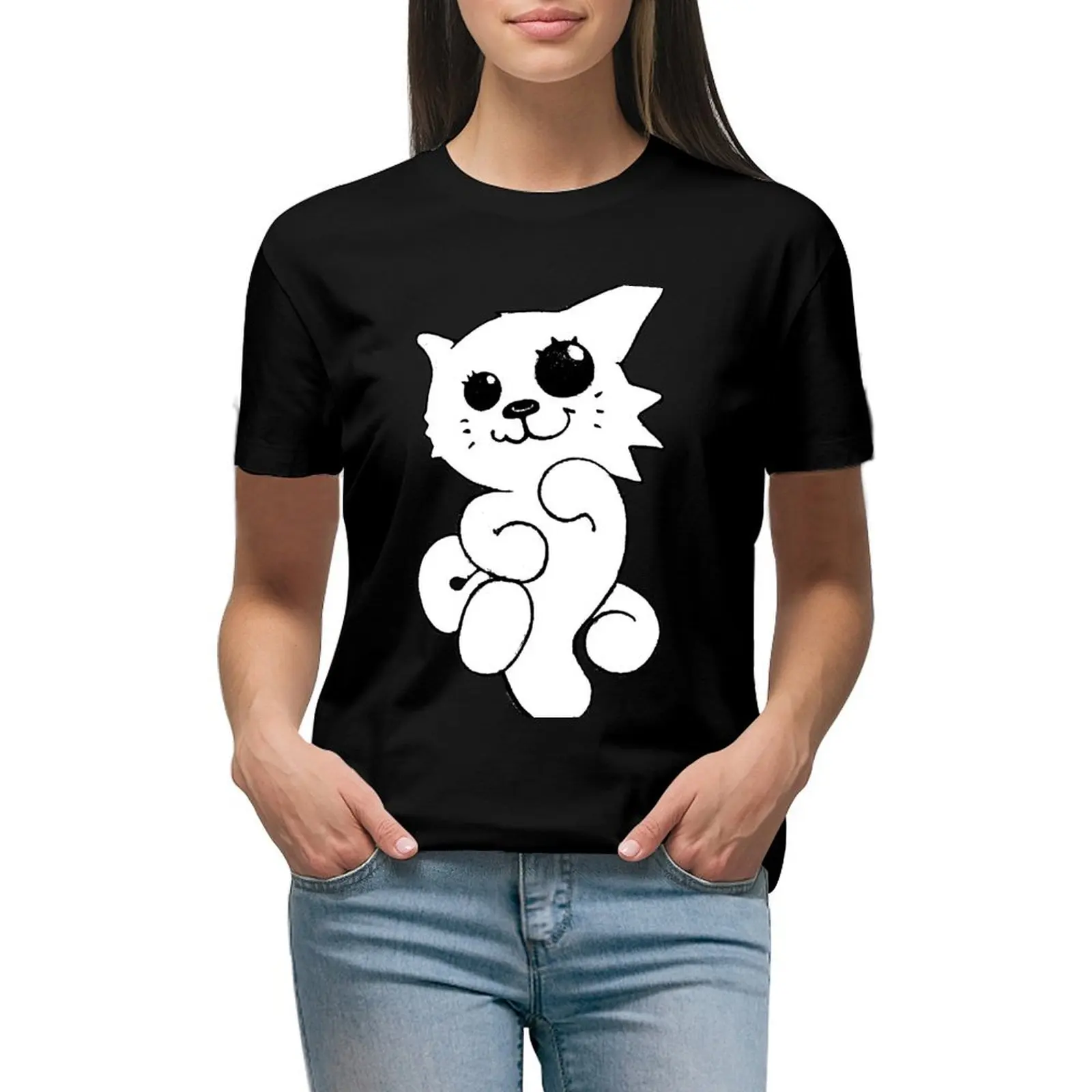 

White Kitteeeee T-shirt vintage clothes lady clothes Women's clothing