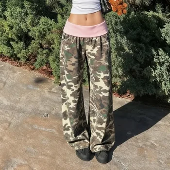 2026 Pantaloni mimetici in vita con colori a contrasto Pantaloni larghi a gamba dritta stile street da donna