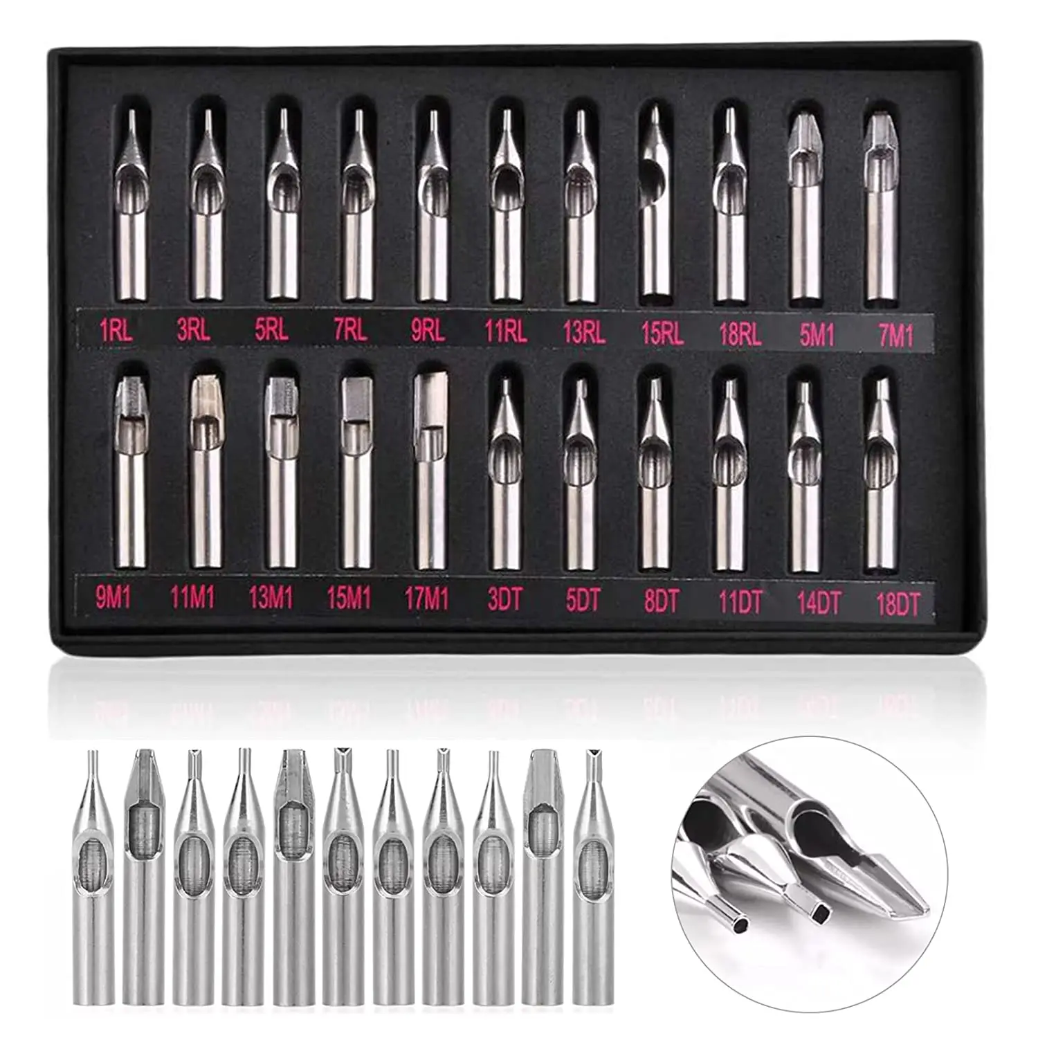 22/11pcs Stainless Steel Tattoo Tips Set Mixed RT FT DT Round Flat Diamond Assorted Types Tattoo Tip Tube Kit for Tattoo Machine 165pcs rivet nut mixed zinc plated threaded rivnuts carbon steel insert m3 m12 flat head threaded insert kit