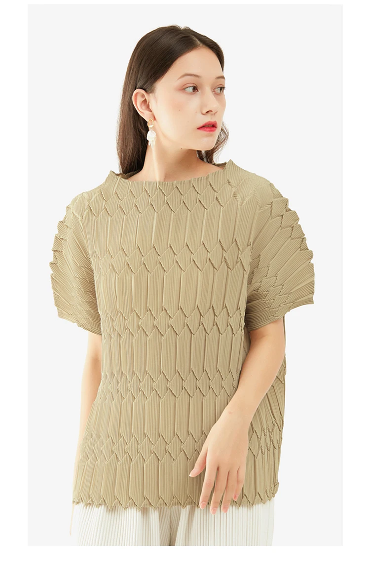 Miyake Pleated Slashneck Top Women’s Handmade Casual pleats Loose T-shirts Short Sleeves Tops Blouses for woman in khaki beige brown Korean Japanese womens Fashion Issey Designer Luxury Clothes