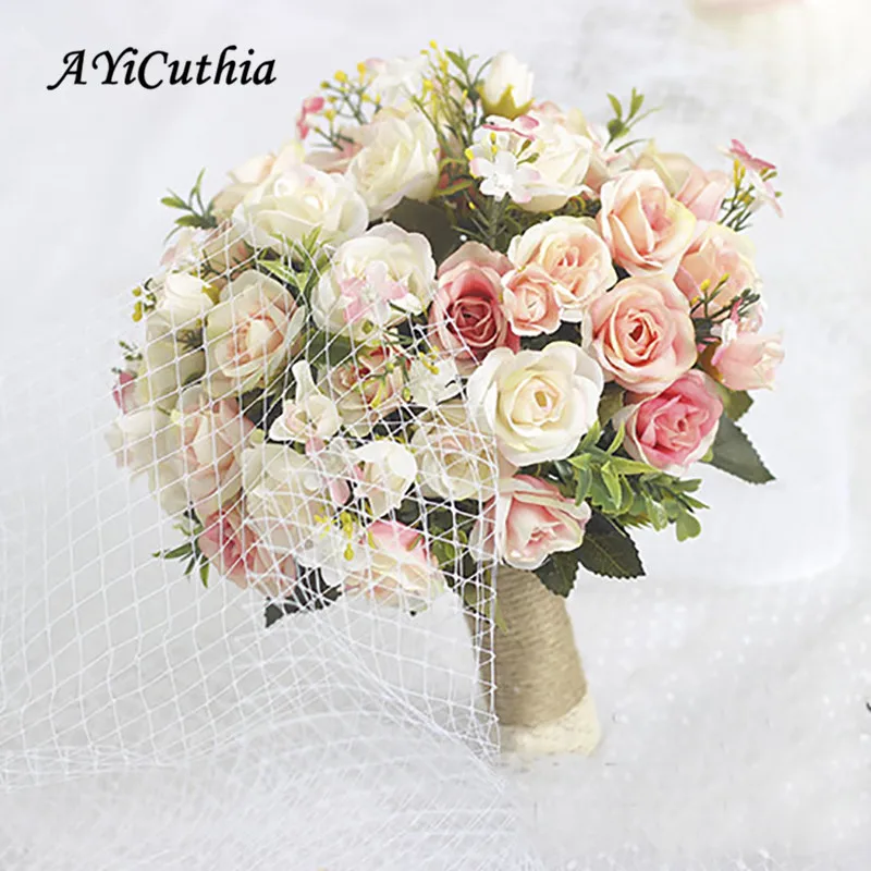 Bridal Bridesmaid Wedding Bouquet White Silk Flowers Roses Artificial Bride Boutonniere Mariage Bouquet Wedding Accessories wedding bouquets artificial rose flowers