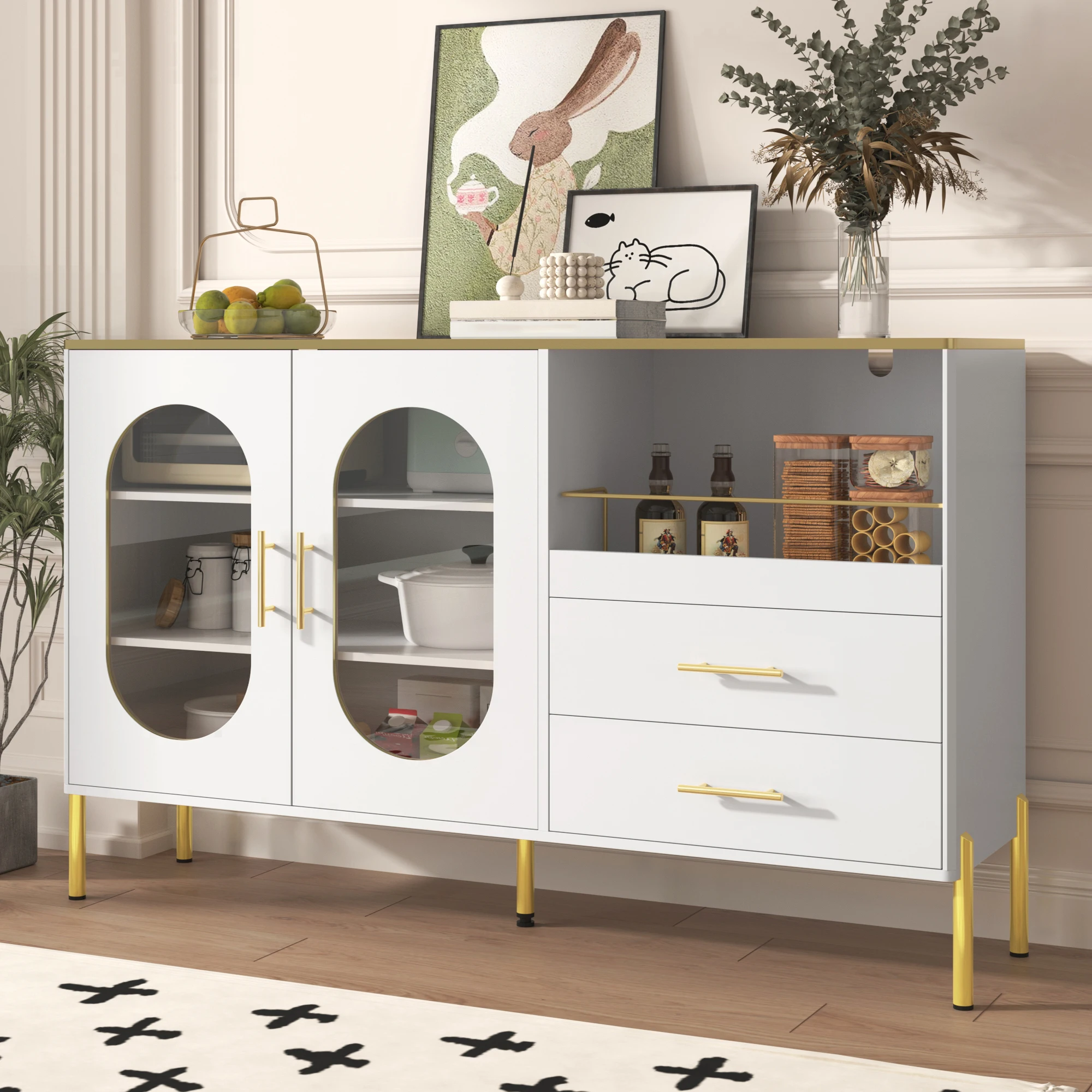 Eleganter Sideboard-Schrank mit 2 Schubladen und 2 Glastüren – Moderne Kommode in Weiß mit goldenen Akzenten – Großer Stauraum – Detail 8