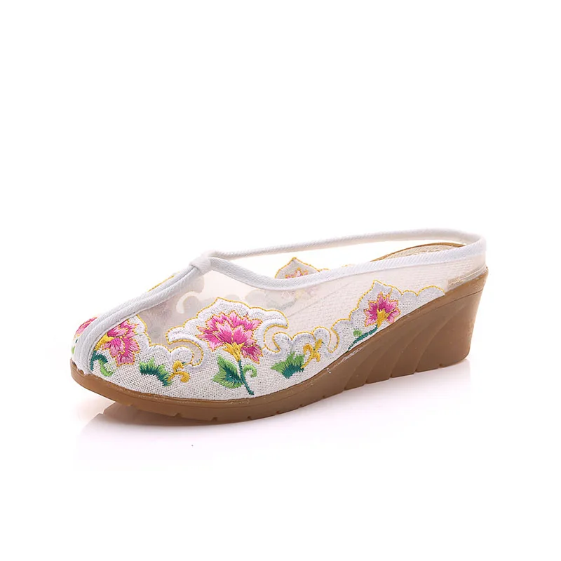 

Ethnic Style Retro Mesh Embroidered Cloth Shoes Organza Round Toe Wedges Cow Muscle Summer Slippers