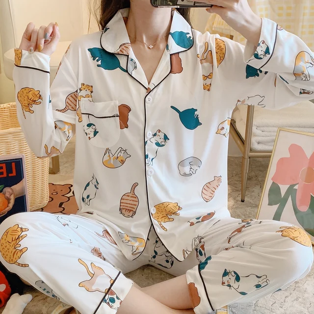 New 2021 Spring Summer Cotton 2 Piece Pajamas Set Women New Printed Colorful Sleepwear Long Sleeve Pajamas Female Sleep Homewear C ZD sansemao