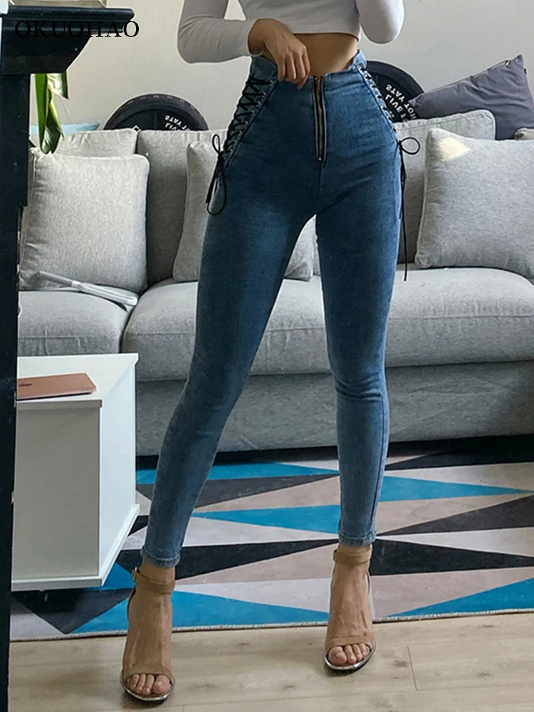 High Waist Strap Zipper Jeans Woman 