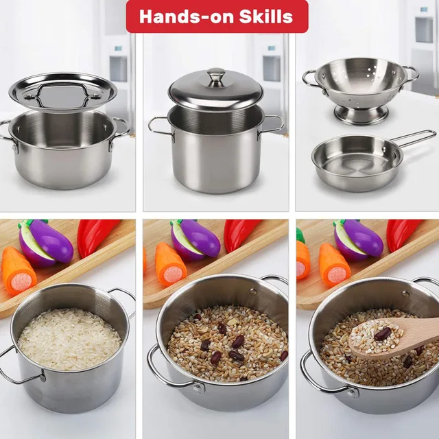 Kids Toy Pots and Pans Toys - Kitchen Play Set Pretend Cookware Mini Stainless Steel Cooking Utensils Development Toys 4