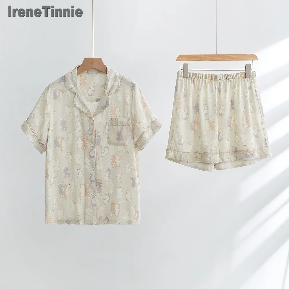 IRENE TINNIE Women's Pajamas Set Luxury Cotton Pajamas Short Sleeve Sleepwear Leisure Home Clothes Nightwear Pyjamas for Women