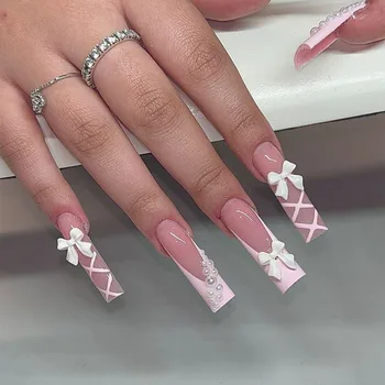 10pcs French Handmade False Nails Bow Pearl Bandage Entanglement Press on Nail For Women and Girls Removable Nail stickers