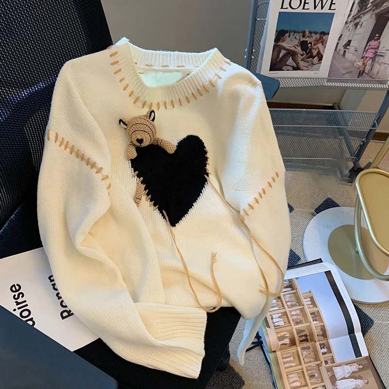 

2022 Autumn Winter Bear Heart Pattern Sweater Vintage O-neck Pullovers Harajuku Jumper Tops Loose Sweet Cute Knitting Casual Top
