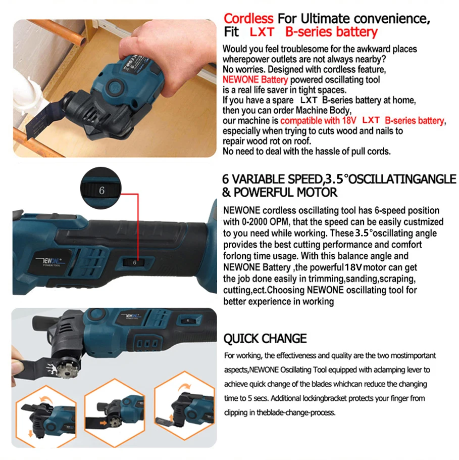 NEWONE 18V Brushless Quick release Oscillating tool Multi functional tool Renovator Electric trimmer Compatible for MAKITA 18V 4