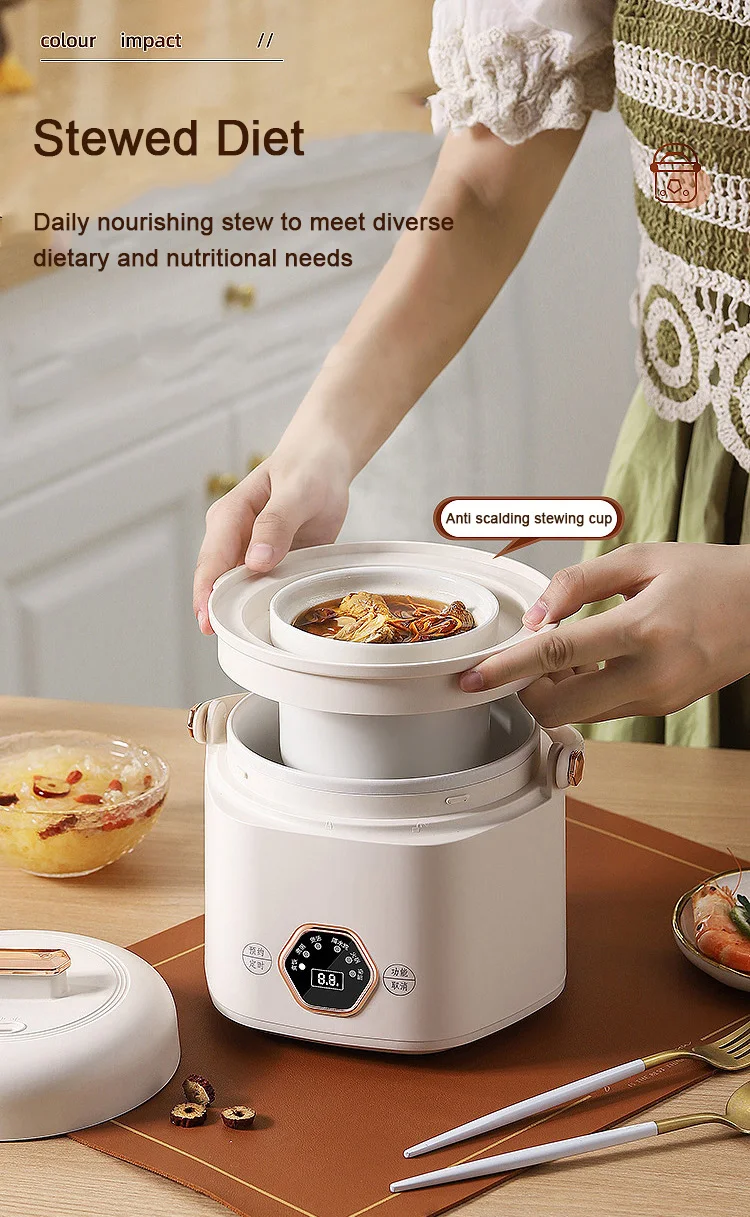 DMWD Electric Slow Cooker Ceramics Water Stew Pot Mini Baby Food Porridge Breakfast Stew Soup Boiler Reservation 1200ml