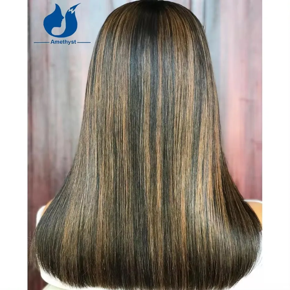 여성용 자수정 허니 블론드 하이라이트 인모 가발, 앞머리 있는 풀머신 가발, 스캘프탑 브라질 레미 스트레이트 헤어