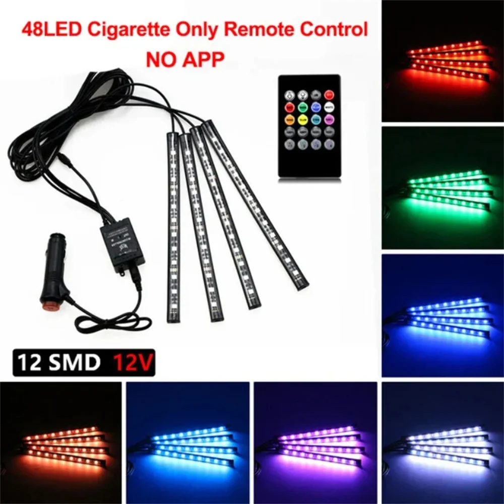 네온 LED 자동차 인테리어 앰비언트 풋 스트립 라이트 키트, 백라이트 원격 RGB 장식 램프, 액세서리