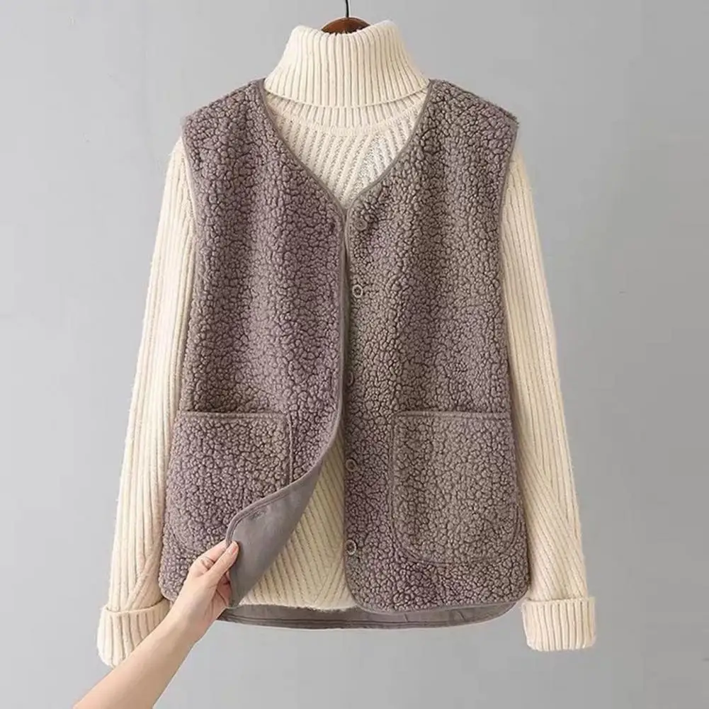 

Women Fall Winter Vest Coat Solid Color V Neck Sleeveless Button Closure V Neck Soft Warm Pockets Cardigan Lady Waistcoat