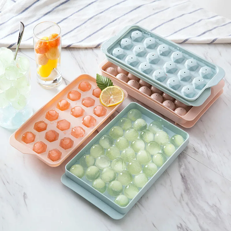 Sphere Ice Cube Trays with Lids & Bucket - Makes 66 Small Round Ice Cubes  for Freezer (2 Blue Trays)