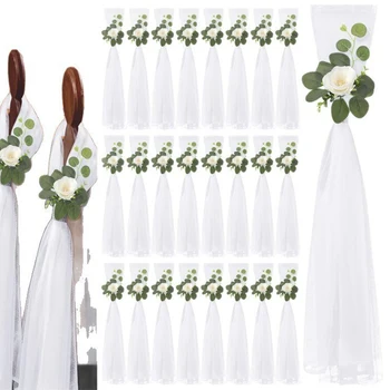 Ensemble de décoration de chaise de mariage élégant – Ceintures de chaise en mousseline de soie avec ruban et feuilles d'eucalyptus artificielles 1