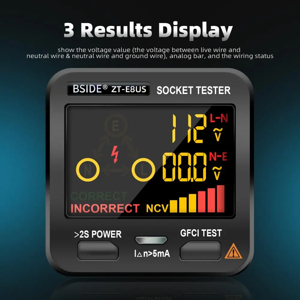 BSIDE Digital Socket Tester Smart Voltage Detector RCD GFCI NCV Test Large display Outlet checker EU US UK Plug Ground Zero Line 2