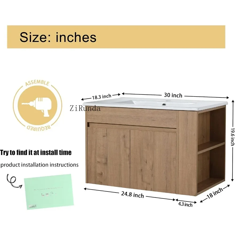 Tocador de ba&ntilde;o flotante de 30 "con 2 puertas y lavabo cer&aacute;mica blanca, tocador flotante