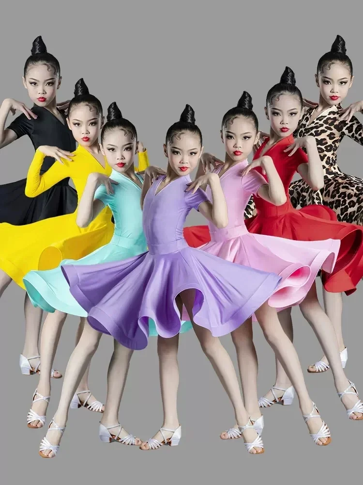 Children Latin Dance Costume For Professional Competition Girls Large Swing Dress Children Latin Training Performance