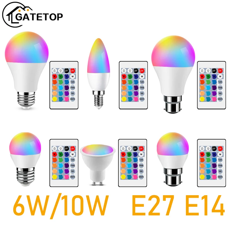 

Bombillas LED 6W 10W LED RGB E27 E14 GU10 B22 AC110V 220V Lamp Spotlight Bulb IR Remote Control Smart RGBW Lamp Room Decor