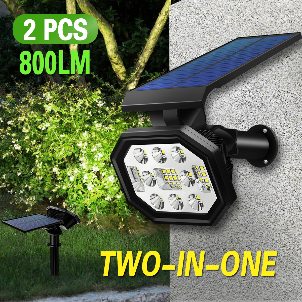 Luminaria em Led ajustável solar Powered Landscape Spotlight, impermeável ao ar livre, Stake Light, lâmpada de parede, 2 modos de iluminação, IP65