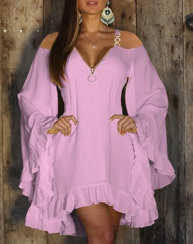

Summer Dresses for Women 2023 Fashion Cold Shoulder Bell Sleeve Ruffles Zipper Design Casual Sweet Mini Dress Female Vestidos
