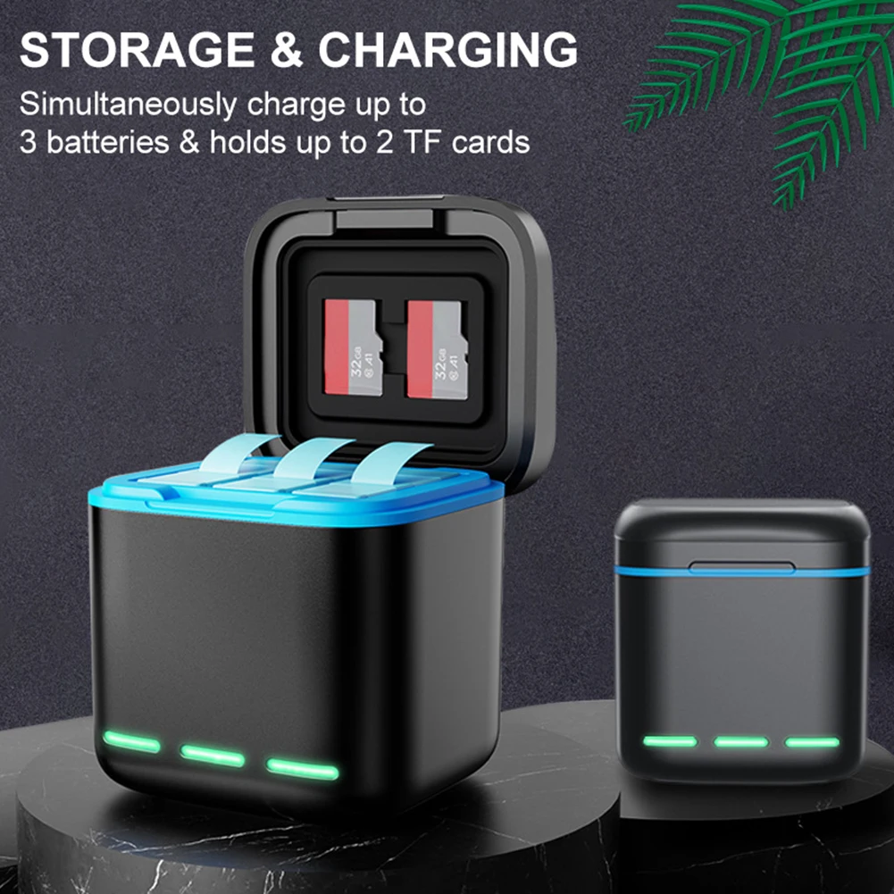 3-Channel Battery Charger with Type C Cable Fast Charger Batteries Storage Case for GoPro Go Pro Hero 8 7 6 5 Camera Accessories