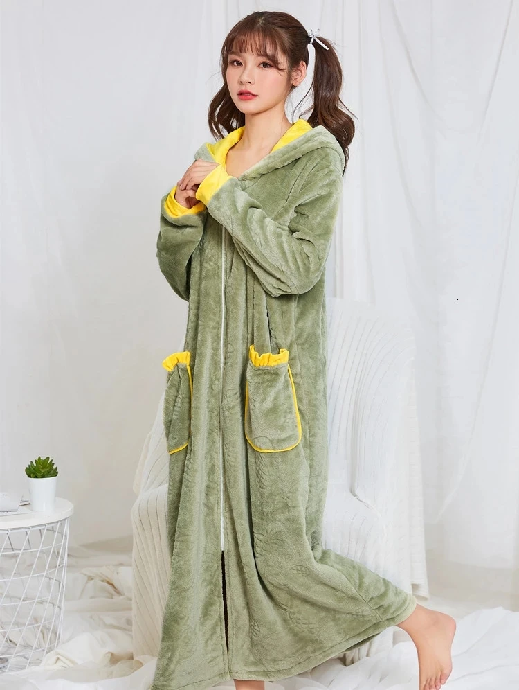 Vestido noturno de flanela espessa feminino com bolsos, pijama de manga  comprida, roupas kawaii, camisola coral de veludo, pijama - AliExpress