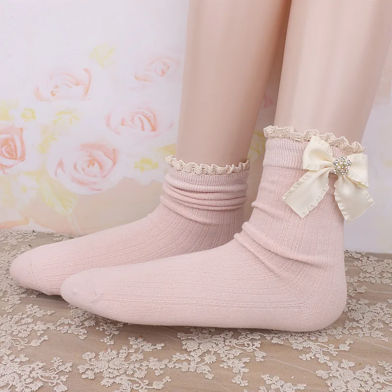 Japanese Rojita Sweet Lady Cute Bow Rhinestone Bucket Gentle Color Lace Socks Four Seasons Universal Women's Clothes Accessories