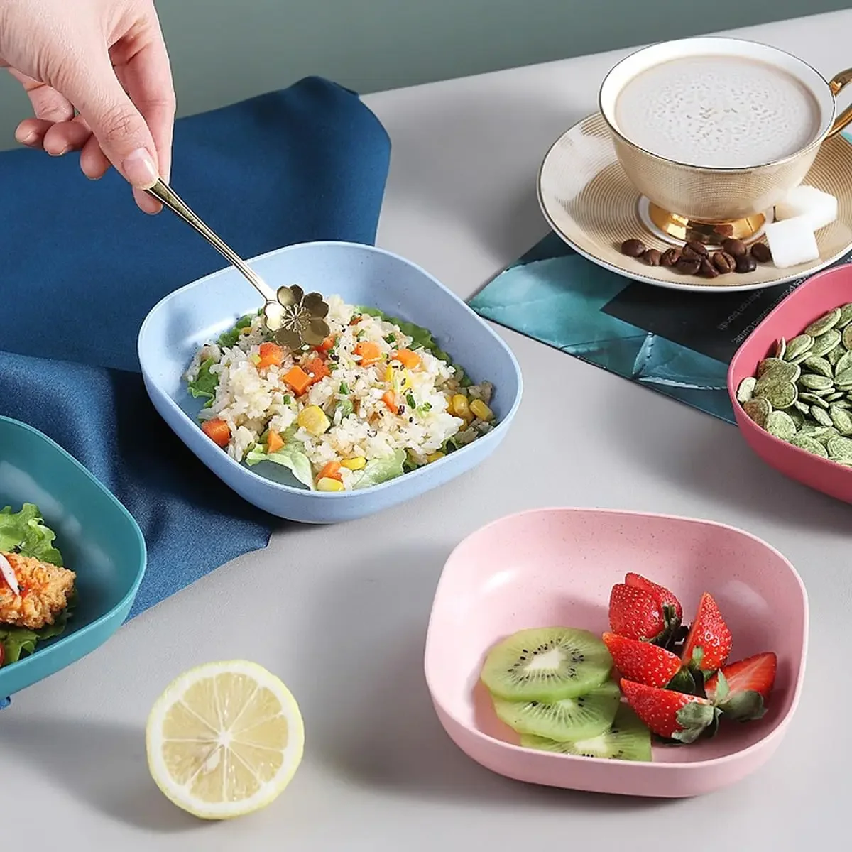10Pcs Wheat Straw Plates Deep Dinner Plates Plastic Reusable for Dinner Dishes for Kids Adult Assorted Colors Dinnerware
