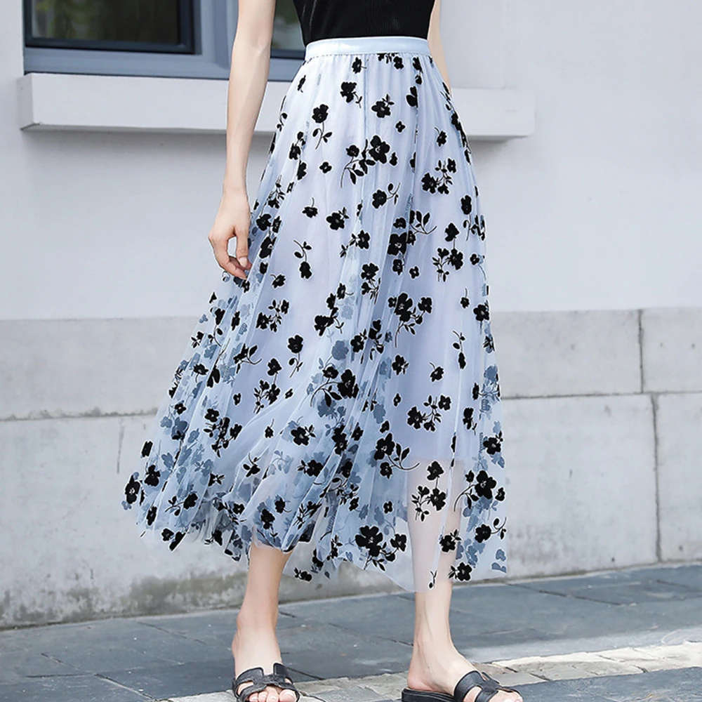 Romantic Velvet Flower Mesh Skirt Women's Spring High Waist Thin And Big Swing Elegant Midi Skirt Sweet Ladies Clothing 2022 white pleated skirt