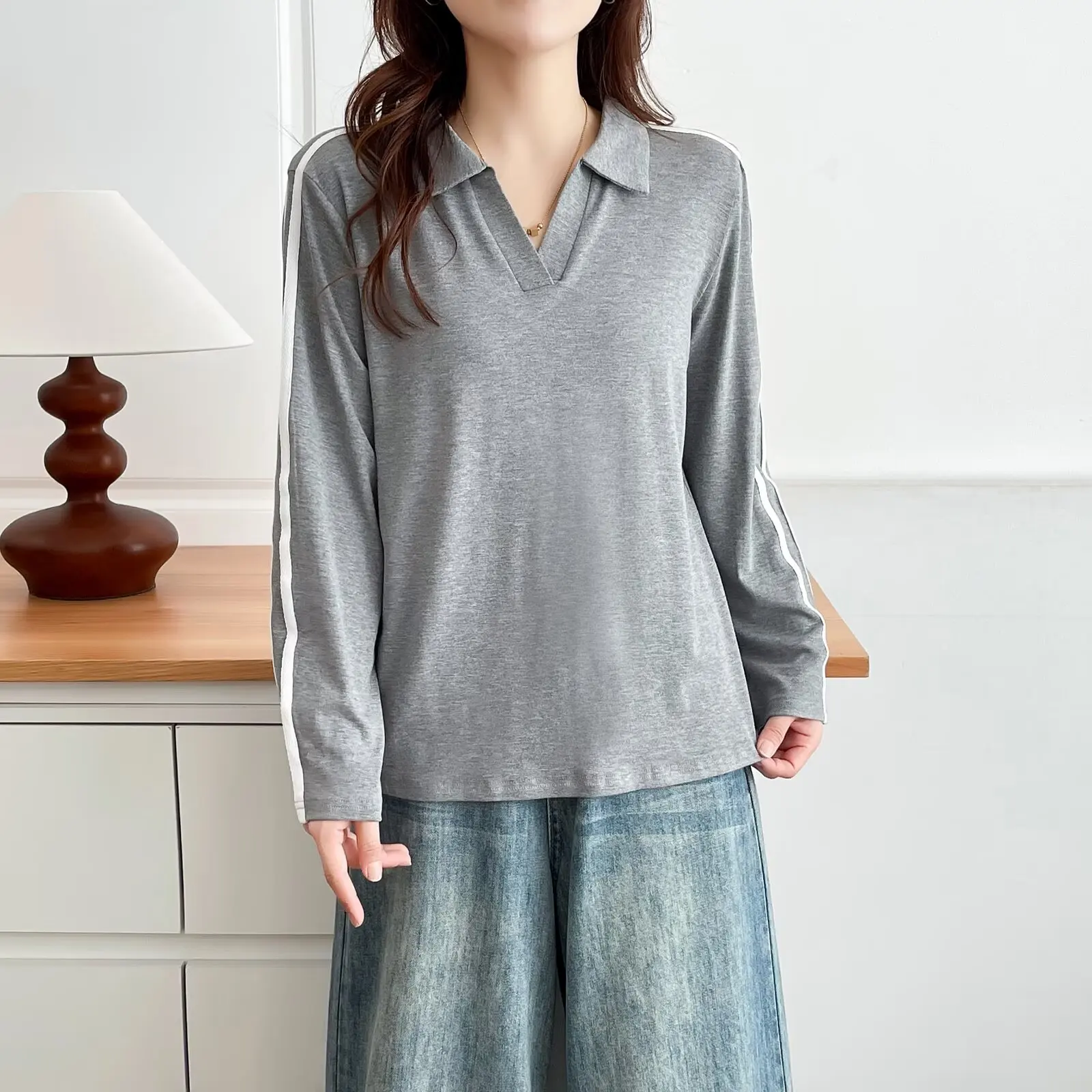 Plus Size Women's T-Shirt 2025 Autumn New Simple Sporty Lapel Double-striped long-sleeved Tops 681