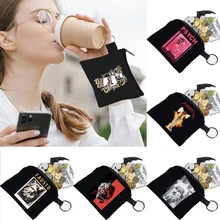 

2022 Unisex Coin Purse Vintage Sculpture Print Pattern Earbuds Key Storage Bag Small Object Ring Buckle Zipper Black Canvas Mini
