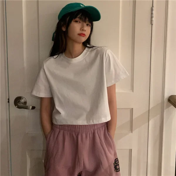 

2023 summer cotton short-sleeved T-shirt female student slim high waist show thin navel ins cropped top trend