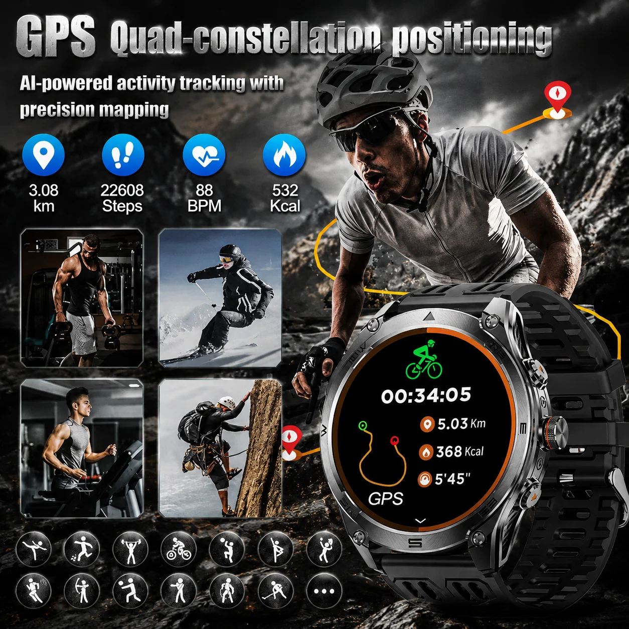 2026 New Military Smart Watch 1000Mah Battery GPS trace Compass 10ATM Waterproof Tactics Sport Flashlight call Smart Watch Men 2