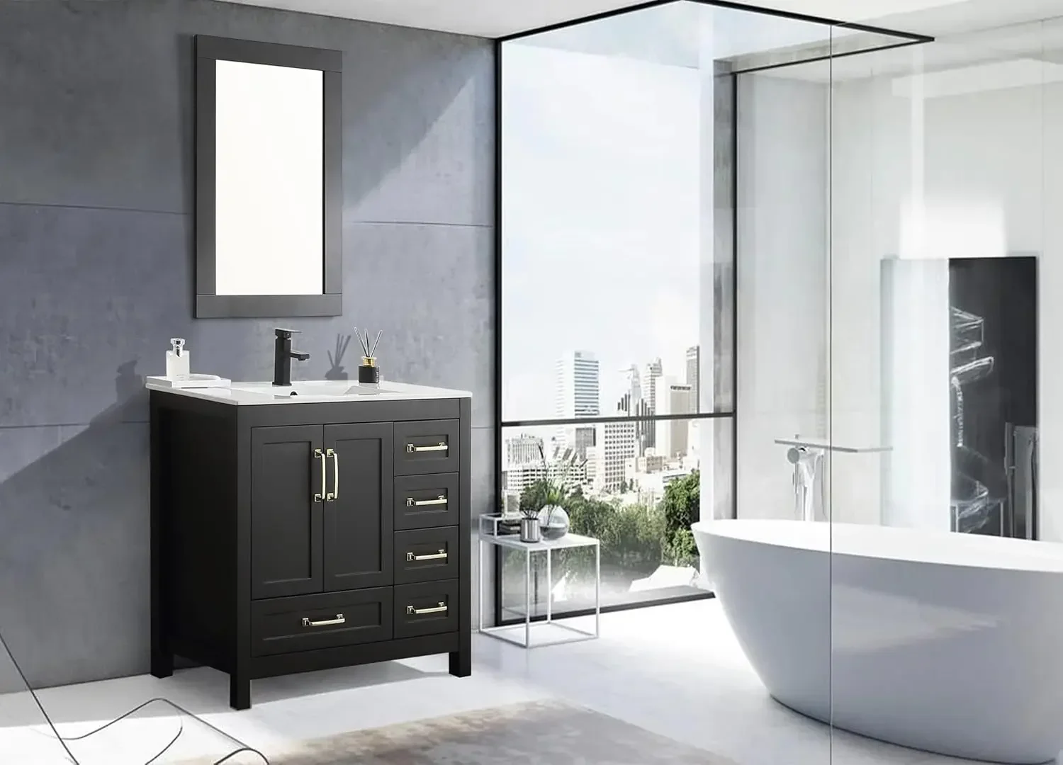 36" Bathroom Vanities Cabinet with Sink Combo Set Undermount Ceramic Sink w/Thickened Wood Painted Surface Black 2