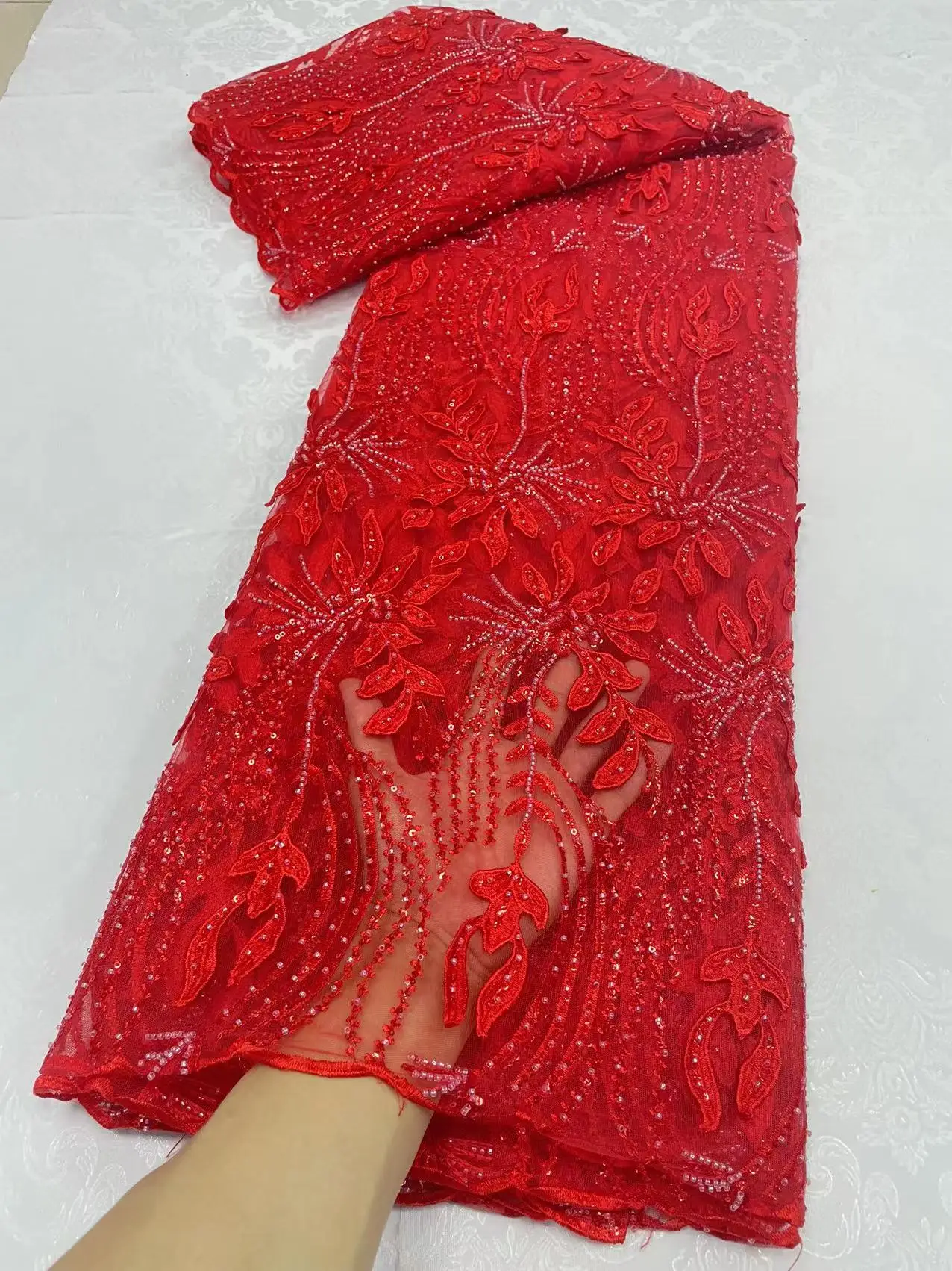 

5Yards Red Beaded Lace Fabric Embroidery By The Meter Party Dresses Mesh Sequins Tulle For Women Sewing African Dubai Fabrics