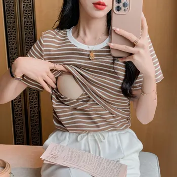 25SS Summer New Maternity Breastfeeding Striped Waffle Cotton T-shirt Postpartum Hot Mom Skin-friendly Nursing Clothes Tees Tops