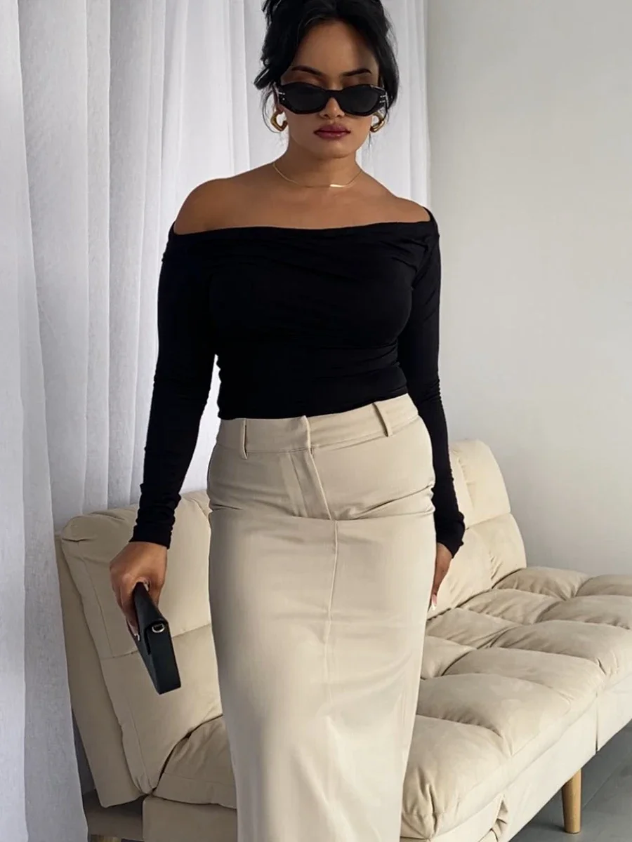 

Elegant Women's Vintage Off Shoulder Slash Neck Crop Tops Long Sleeve Solid Color Slim Fit Ruched Skinny Party T-Shirts