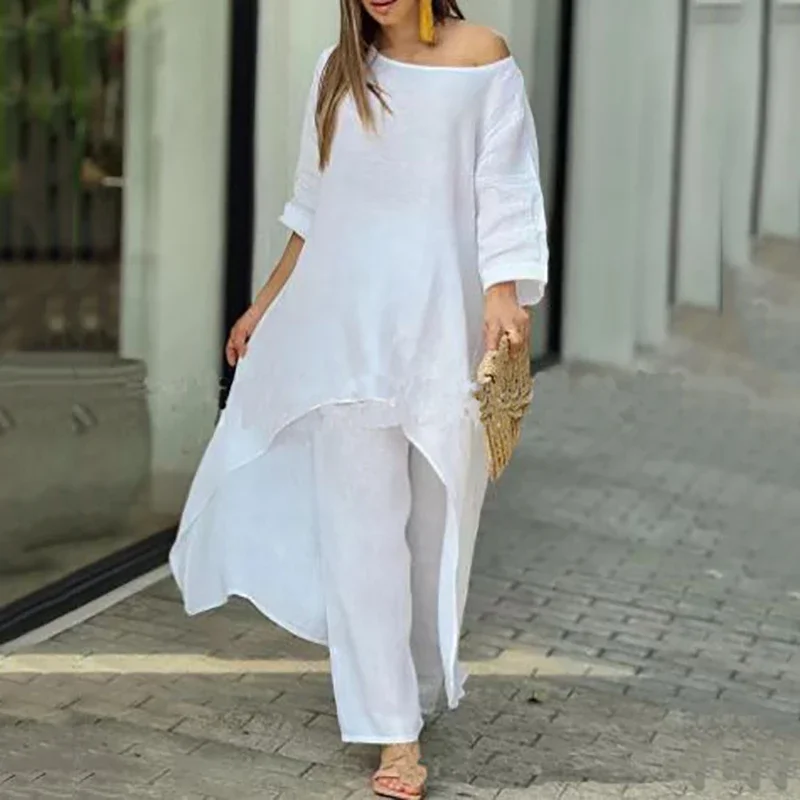 Women Cotton Linen Tracksuit Two Piece Set 2024 Summer Casual Loose Solid Blouse T-shirt Wide Leg Pants Suit Outfits 2 Piece Set women s tracksuit korean elegant square neck puff sleeve chiffon top pants two piece set 2022 summer fashion blouse trouser suit