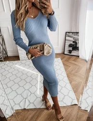 Elegant Long Dresses Women Sexy Solid Ribbed Low Cut V-Neck Tight Long Sleeved Evening Party Dress 2023 Autumn Winter Fashion