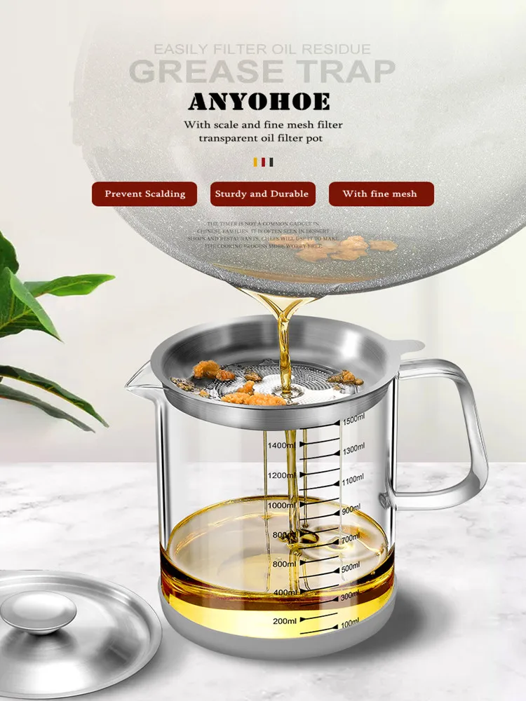 Description Picture 2 of itemTransparent Glass Oil Filter Pot with Scale Kitchen Oil Separator Storage Tank Fine Mesh Strainer Grease Container Home Gadgets