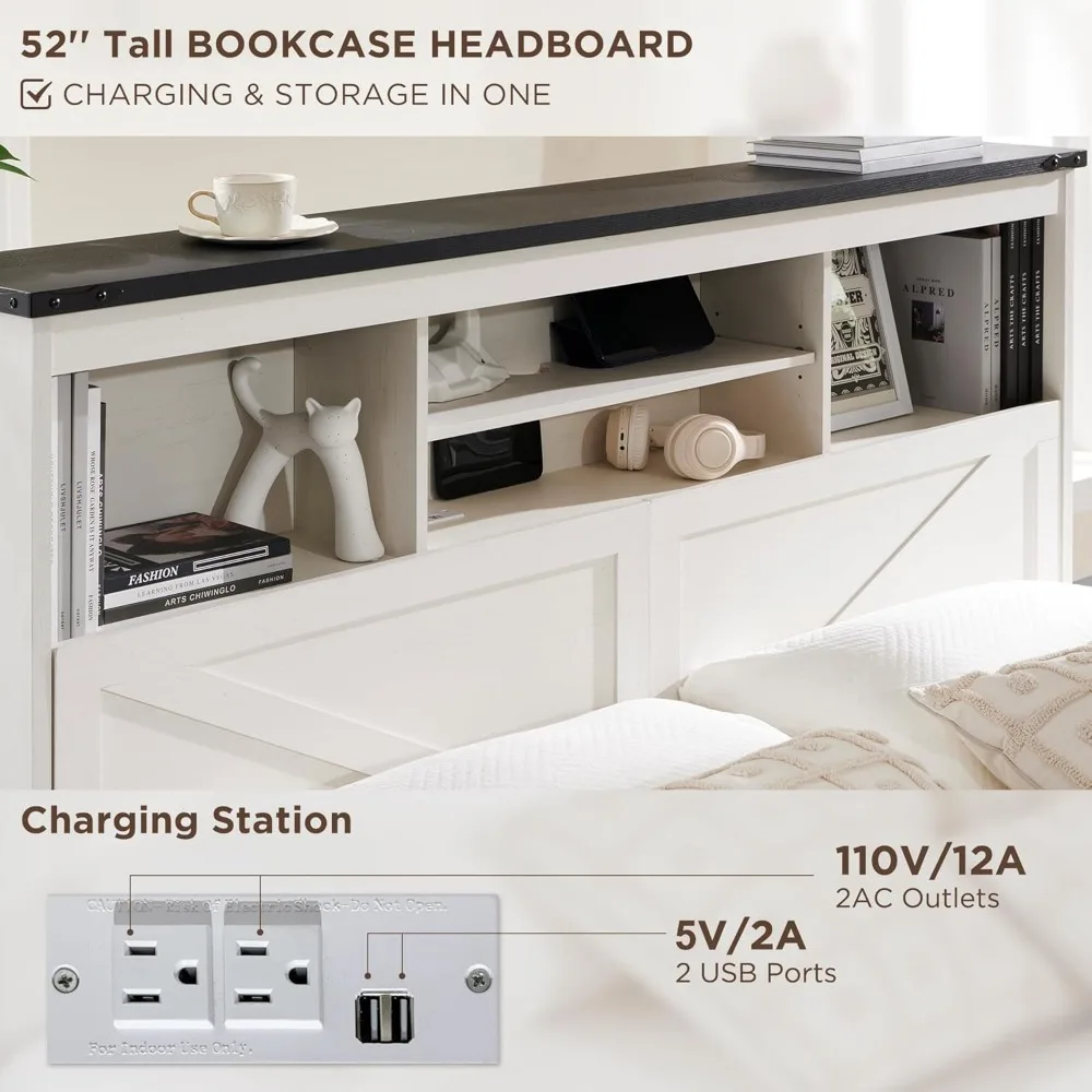Noiseless Base Beds and Frames No Box Spring Needed- Luxury White Bedroom Furniture LED Light Bed Headboard Charging Station 4