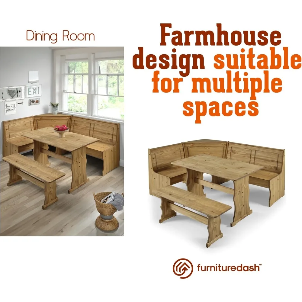 Solid Wood Corner Dining Set 64.8" W x 19.9" D x 33.4" H- Farmhouse Table and Bench Set, Farmhouse Furniture for Dining Room 5