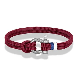 Navy Blue Braided Rope Bracelet with Stainless Steel Horseshoe Shackle - 17cm (Wine red)